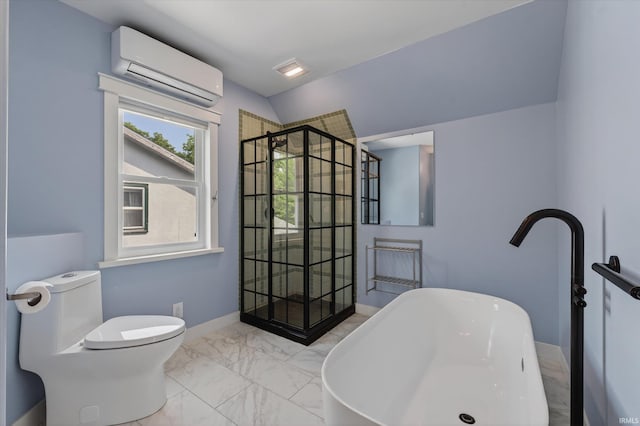 1060 Woodward Ave, South Bend, IN 46616 - bathroom featuring a wall mounted AC, marble look tiles, a freestanding tub, and a shower