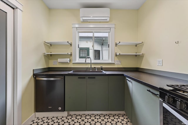 1060 Woodward Ave, South Bend, IN 46616 - kitchen with open shelves, a wall mounted air conditioner, dishwashing machine, and dark countertops