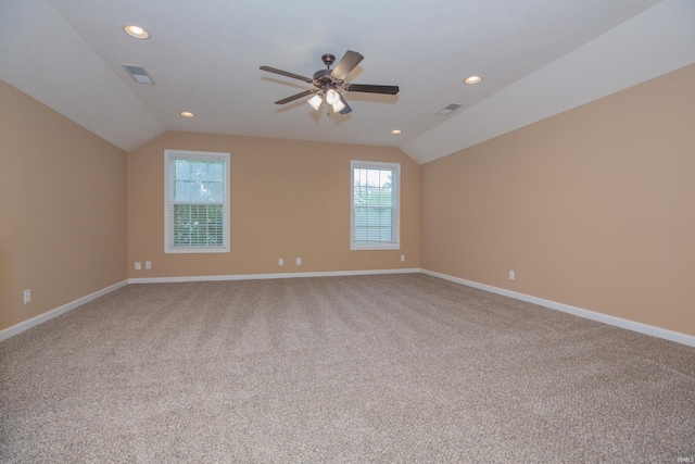 15442 Aj Dr, Evansville, IN 47725 - empty room featuring vaulted ceiling, recessed lighting, a ceiling fan, and light carpet