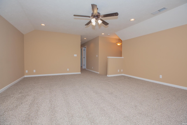 15442 Aj Dr, Evansville, IN 47725 - empty room featuring vaulted ceiling, a ceiling fan, light colored carpet, and recessed lighting
