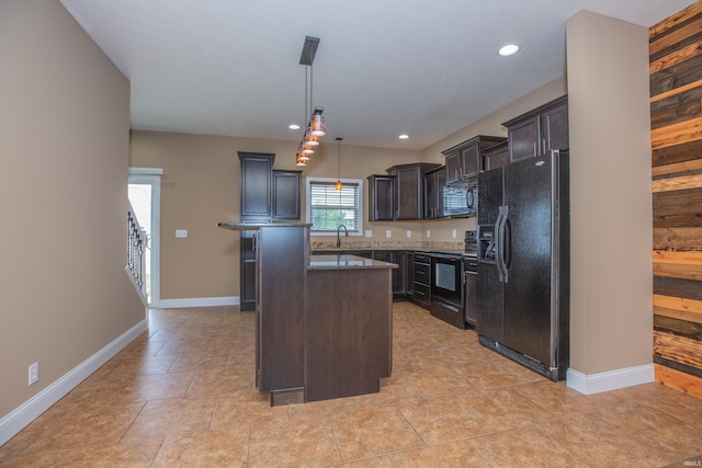 15442 Aj Dr, Evansville, IN 47725 - kitchen with black appliances, decorative light fixtures, dark brown cabinets, recessed lighting, and a center island