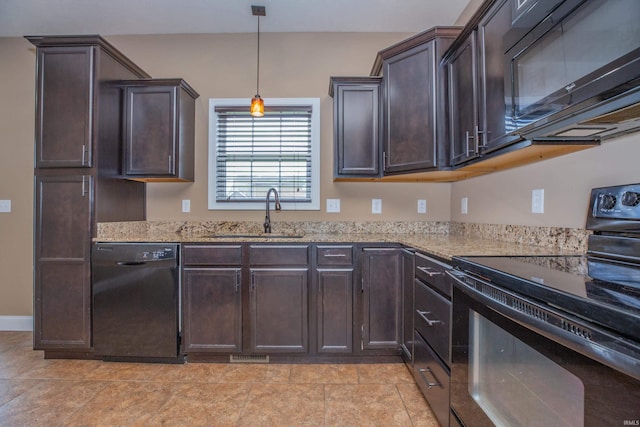 15442 Aj Dr, Evansville, IN 47725 - kitchen with black appliances, dark brown cabinets, light stone countertops, and pendant lighting