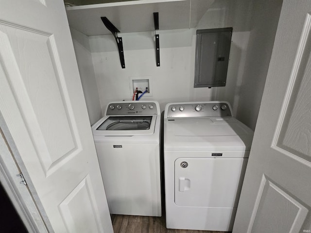 614 N Lancelot Dr, Marion, IN 46952 - laundry room featuring electric panel, washer and dryer, and dark wood-type flooring