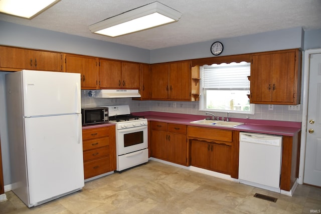 2726 S Roena St, Indianapolis, IN 46241 - kitchen with white appliances, under cabinet range hood, brown cabinets, backsplash, and a textured ceiling