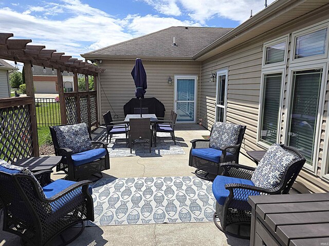 3520 Lintel Dr, West Lafayette, IN 47906 - view of patio featuring outdoor dining space, a pergola, and an outdoor living space