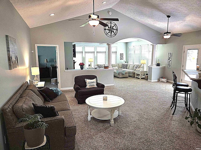 3520 Lintel Dr, West Lafayette, IN 47906 - carpeted living room featuring a ceiling fan, lofted ceiling, a textured ceiling, ornate columns, and recessed lighting