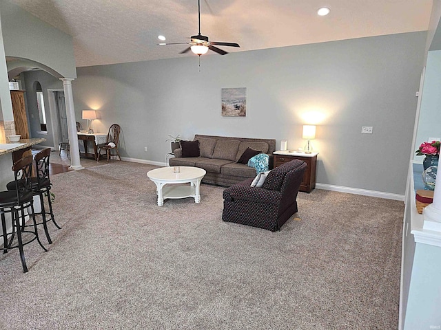 3520 Lintel Dr, West Lafayette, IN 47906 - carpeted living area featuring decorative columns, arched walkways, a ceiling fan, recessed lighting, and lofted ceiling