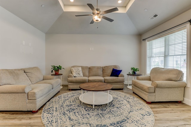 904-3 Reyling Dr, Jasper, IN 47546 - living room featuring vaulted ceiling, a ceiling fan, light wood finished floors, and recessed lighting