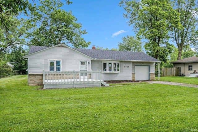 5729 Saint Joe Center Rd, Fort Wayne, IN 46835 - single story home with dirt driveway, a garage, a shingled roof, a chimney, and a deck
