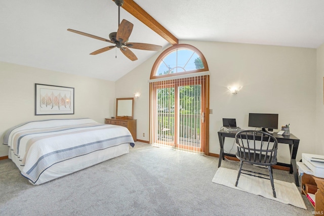 220 N Line St, Churubusco, IN 46723 - bedroom featuring access to exterior, beamed ceiling, carpet flooring, a desk, and ceiling fan