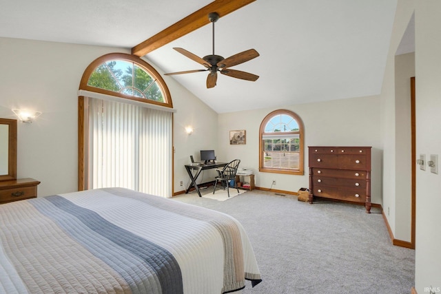 220 N Line St, Churubusco, IN 46723 - bedroom with beam ceiling, carpet flooring, an office area, a ceiling fan, and high vaulted ceiling