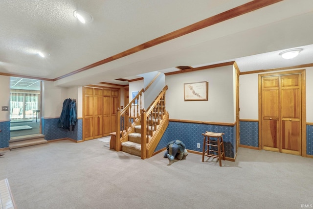 220 N Line St, Churubusco, IN 46723 - basement with carpet flooring, wainscoting, stairway, crown molding, and a textured ceiling