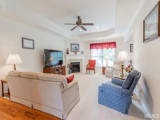 805 Alyssum Dr, Evansville, IN 47712 - living area with a tray ceiling, ceiling fan, a fireplace, ornamental molding, and carpet floors