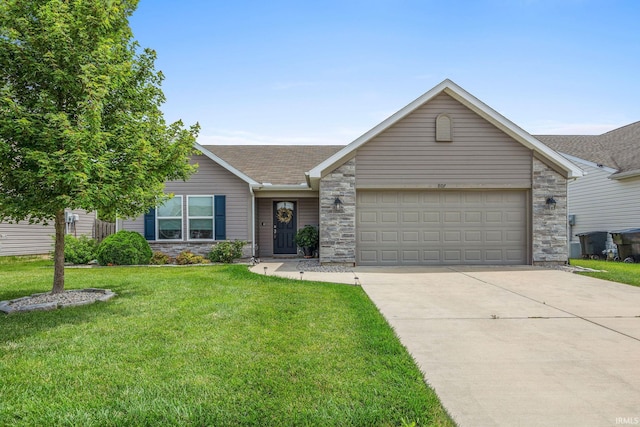 807 Percheron Pl, Lafayette, IN 47905 - single story home with driveway, stone siding, a garage, a front lawn, and roof with shingles