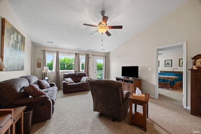 807 Percheron Pl, Lafayette, IN 47905 - living area featuring light colored carpet, ceiling fan, a textured ceiling, and lofted ceiling