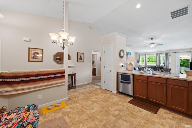 807 Percheron Pl, Lafayette, IN 47905 - kitchen with dishwasher, brown cabinets, light countertops, ceiling fan, and lofted ceiling