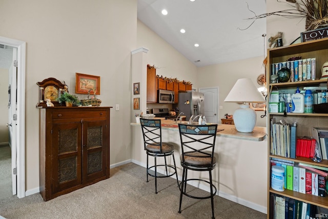 807 Percheron Pl, Lafayette, IN 47905 - kitchen with appliances with stainless steel finishes, carpet flooring, a peninsula, high vaulted ceiling, and recessed lighting