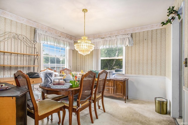 1356 Hampshire Dr, South Bend, IN 46614 - dining room with wallpapered walls, a chandelier, carpet, and wainscoting