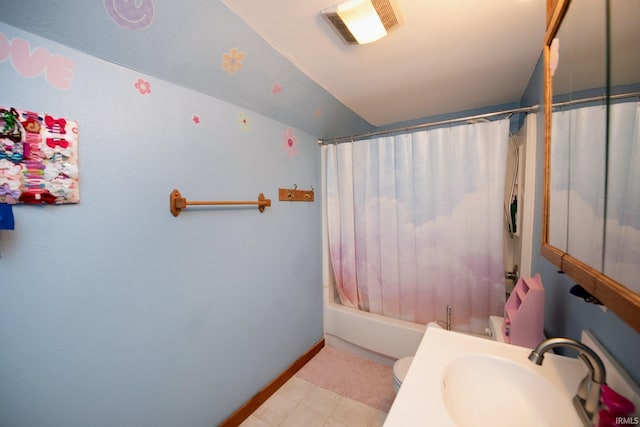 403 E Columbia St, Flora, IN 46929 - full bath featuring shower / bath combination with curtain, vanity, and vaulted ceiling