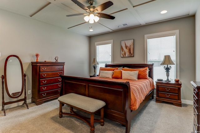 5573 Camden Dr, Newburgh, IN 47630 - bedroom with coffered ceiling, light colored carpet, recessed lighting, and ceiling fan