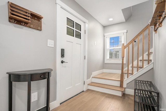 1414 Longfellow Ave, South Bend, IN 46615 - entryway with stairway, wood finished floors, and recessed lighting