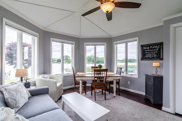280 Ln 230 Jimmerson Lk, Angola, IN 46703 - living area with lofted ceiling, a ceiling fan, wood finished floors, crown molding, and a water view