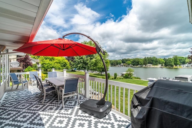 280 Ln 230 Jimmerson Lk, Angola, IN 46703 - wooden deck featuring a water view, area for grilling, outdoor dining space, and a yard