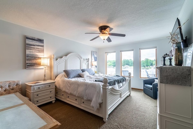 280 Ln 230 Jimmerson Lk, Angola, IN 46703 - bedroom featuring dark carpet, crown molding, a textured ceiling, and a ceiling fan