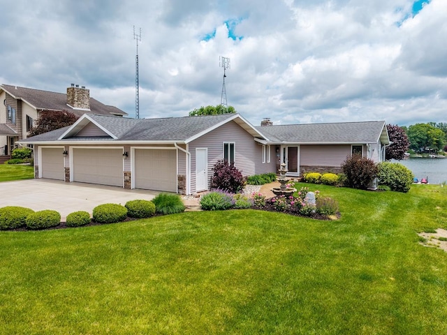 280 Ln 230 Jimmerson Lk, Angola, IN 46703 - view of front of home with an attached garage, a front lawn, stone siding, concrete driveway, and a chimney