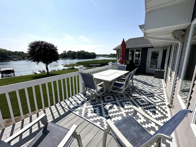 280 Ln 230 Jimmerson Lk, Angola, IN 46703 - wooden deck with a water view, outdoor dining space, and a yard