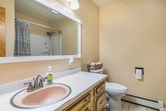 60220 Robin Hood Ln, Elkhart, IN 46517 - bathroom with a baseboard radiator, tile patterned flooring, vanity, and a shower with curtain