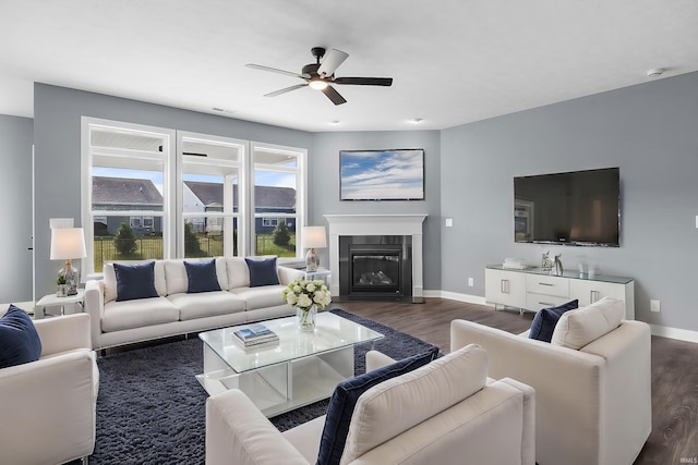 323 Haddington Ln, Lafayette, IN 47905 - living room with a ceiling fan, dark wood finished floors, and a glass covered fireplace