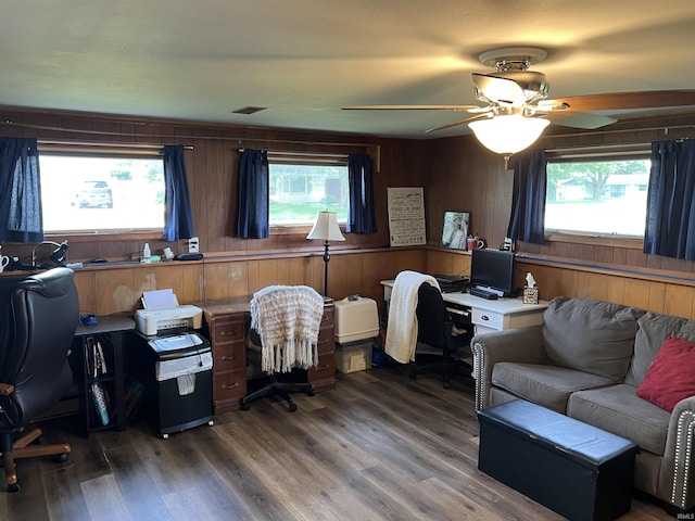 406 Twillo Run Dr, New Haven, IN 46774 - home office featuring ceiling fan, wooden walls, and wood finished floors