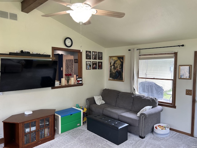 406 Twillo Run Dr, New Haven, IN 46774 - carpeted living area featuring vaulted ceiling and ceiling fan