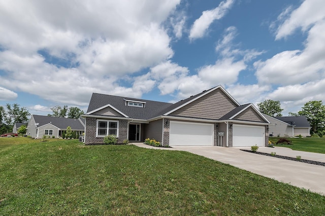 5205 Pigeon Creek Ct, Fort Wayne, IN 46825 - craftsman inspired home featuring a garage, driveway, a front lawn, and brick siding