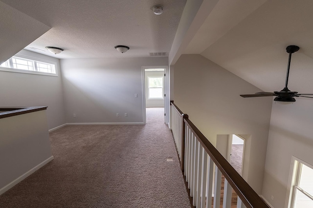 5205 Pigeon Creek Ct, Fort Wayne, IN 46825 - corridor with plenty of natural light, an upstairs landing, carpet flooring, vaulted ceiling, and a textured ceiling