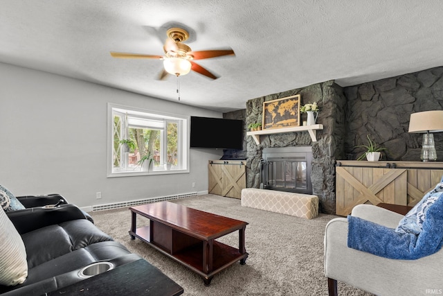 51881 Currant Rd, Granger, IN 46530 - carpeted living room featuring a baseboard radiator, ceiling fan, a stone fireplace, and a textured ceiling