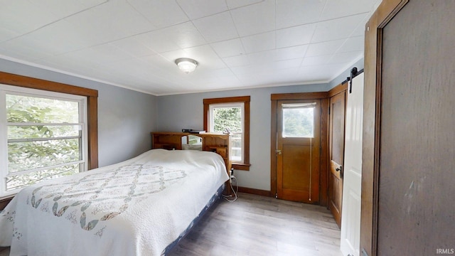 1219 Oakland St, Fort Wayne, IN 46808 - bedroom featuring light wood-type flooring, a barn door, and crown molding