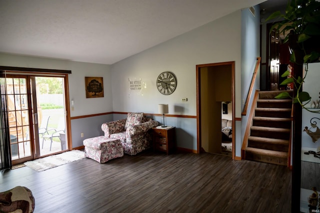 27222 Country Lake Ln, Elkhart, IN 46514 - sitting room with vaulted ceiling, wood finished floors, and stairway