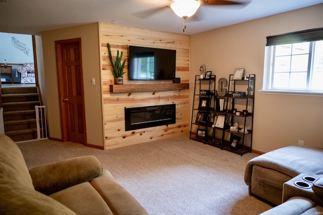 27222 Country Lake Ln, Elkhart, IN 46514 - living room featuring ceiling fan, a large fireplace, and carpet flooring