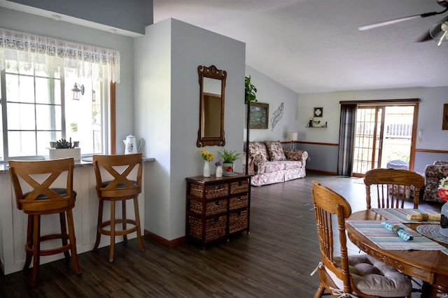 27222 Country Lake Ln, Elkhart, IN 46514 - dining room with vaulted ceiling, a ceiling fan, and dark wood-type flooring