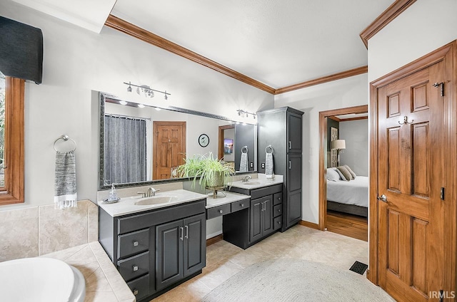 55623 Little Creek Ln, Middlebury, IN 46540 - full bathroom featuring vanity, ornamental molding, a bath, ensuite bath, and tile patterned flooring