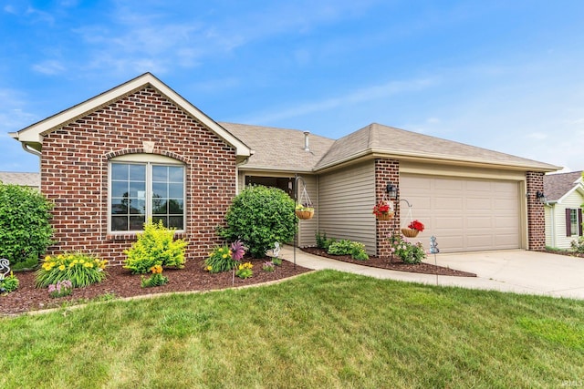 1108 Willen Ln, Fort Wayne, IN 46818 - ranch-style house with brick siding, driveway, an attached garage, a front yard, and roof with shingles