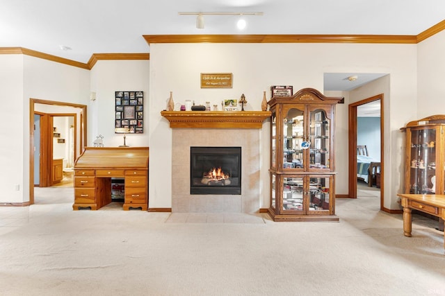 1108 Willen Ln, Fort Wayne, IN 46818 - carpeted living area with crown molding and a tile fireplace
