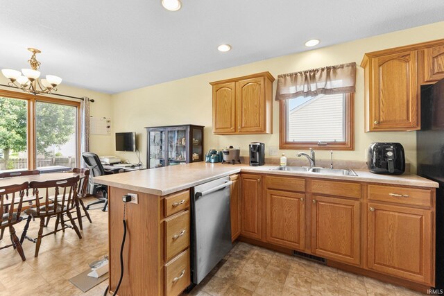 1108 Willen Ln, Fort Wayne, IN 46818 - kitchen featuring dishwasher, a peninsula, light countertops, a chandelier, and brown cabinets