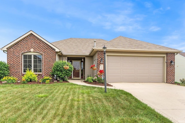 1108 Willen Ln, Fort Wayne, IN 46818 - ranch-style home with brick siding, an attached garage, concrete driveway, a front yard, and roof with shingles