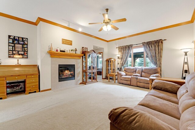 1108 Willen Ln, Fort Wayne, IN 46818 - carpeted living room with ceiling fan, ornamental molding, a fireplace, and rail lighting
