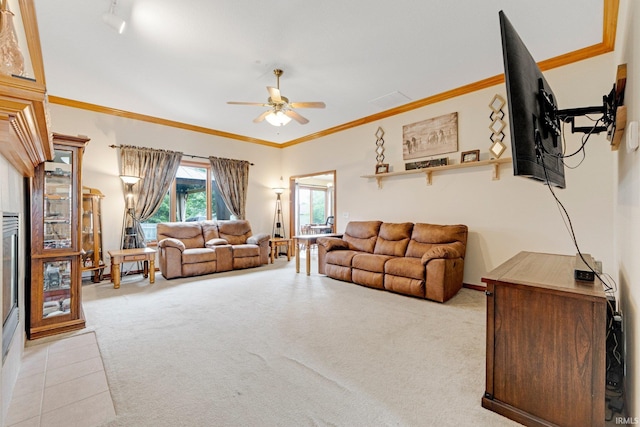 1108 Willen Ln, Fort Wayne, IN 46818 - living room featuring ceiling fan, light colored carpet, and crown molding