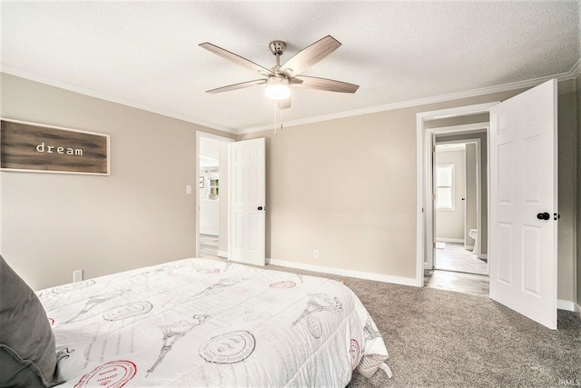 17725 Douglas Rd, South Bend, IN 46635 - carpeted bedroom featuring ornamental molding, a ceiling fan, and a textured ceiling