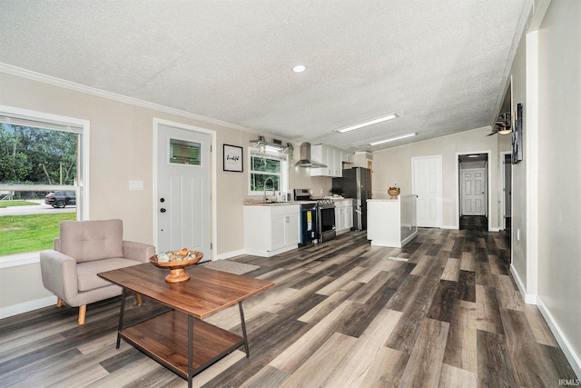 17725 Douglas Rd, South Bend, IN 46635 - living area with a textured ceiling, dark wood-style flooring, and ornamental molding
